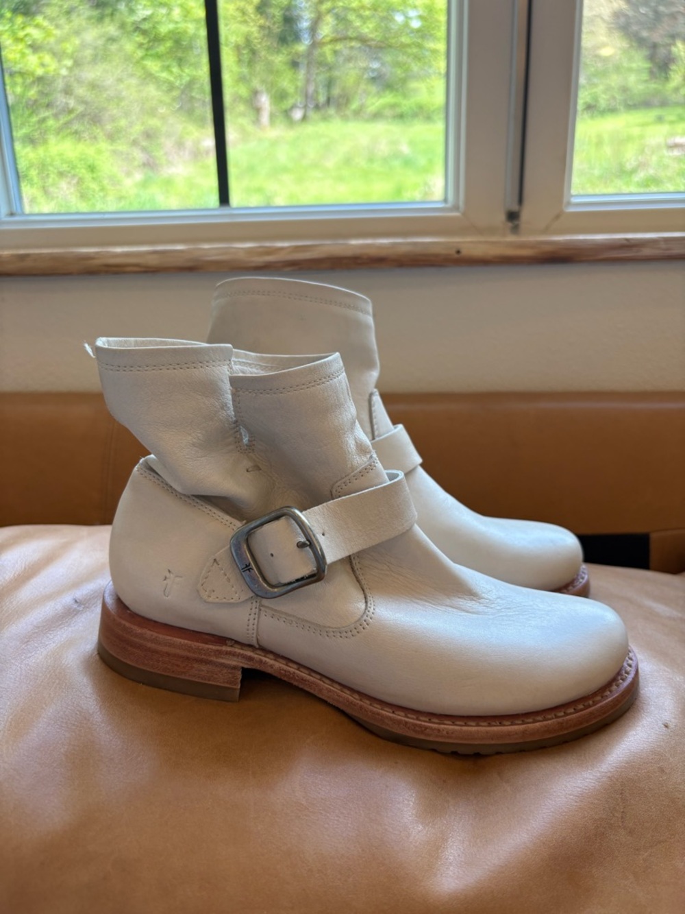 Frye White Leather Buckle Ankle Boots - Women